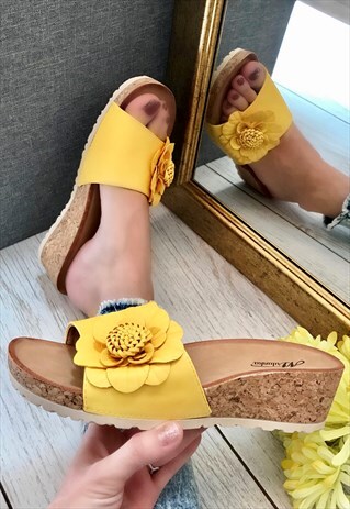 YELLOW FLOWER WEDGE MULES