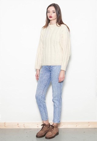 VINTAGE 80'S CREAM ARAN KNIT NORDIC WOOL JUMPER
