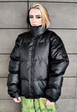 Faux leather quilted bomber padded puffer jacket in black