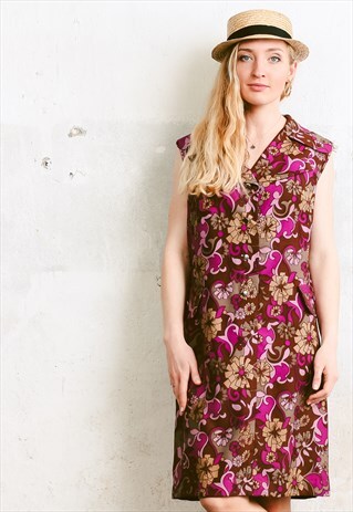 VINTAGE 70S BUTTON-FRONT DRESS IN PSYCHEDELIC FLOWER PRINT