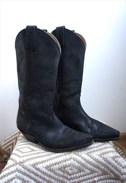 Vintage Black Suede Leather Cowboy Western Boots Shoes
