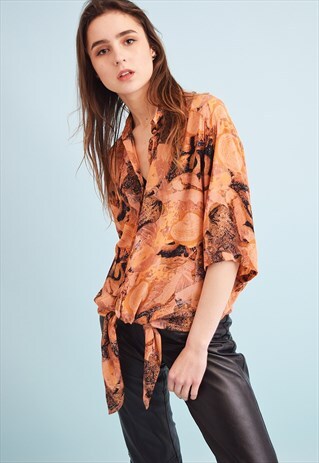 90'S RETRO ABSTRACT PRINT OVERSIZED KITSCH TIE UP TOP BLOUSE