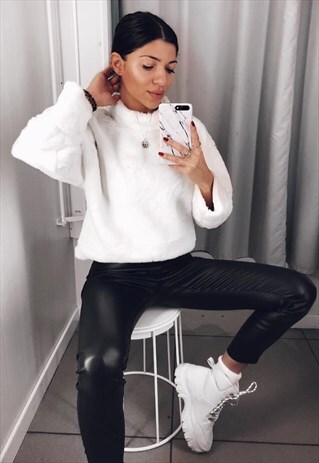 CASSI CASUAL FLUFFY SWEATER HIGH NECK PULLOVER JUMPER