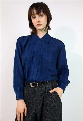 Vintage 90's Silky Long Sleeves Shirt in Navy Blue Small