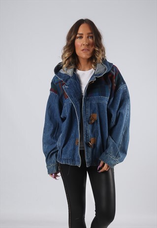 DENIM JACKET BOMBER HOODED OVERSIZED TARTAN UK 16 (HK7Q)