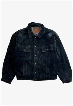 Vintage 90s Men's Mr Lee Black Leather Trucker Jacket
