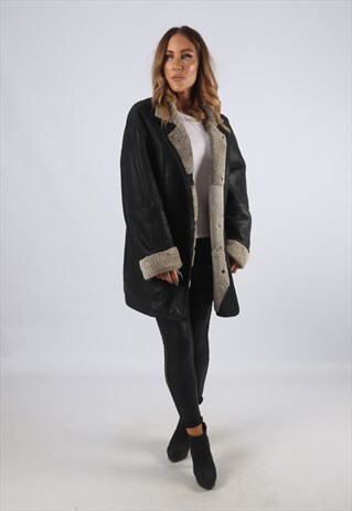 VINTAGE SHEEPSKIN LEATHER SHEARLING COAT SHORT UK 18 (94U)