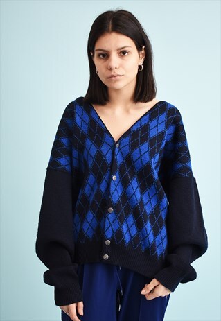 80'S RETRO ARGYLE PATTERN NAVY OVERSIZED KNIT CARDIGAN TOP