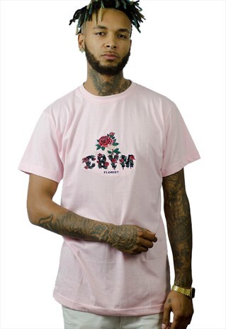 PINK FLORIST T-SHIRT WITH FLORAL EMBROIDERED LOGO
