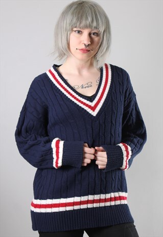 VINTAGE V NECK CABLE KNIT JUMPER LARGE