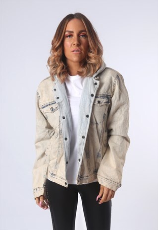 ACID WASH DENIM JACKET HOODED OVERSIZED UK 14 (EE1N)