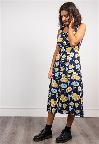90'S VINTAGE BLUE FLORAL PATTERN CUTE MIDI DRESS
