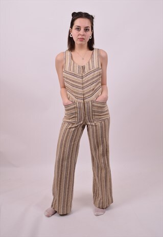 VINTAGE 70'S HEAVY COTTON BROWN PIN STRIPE JUMPSUIT 6 TO 8