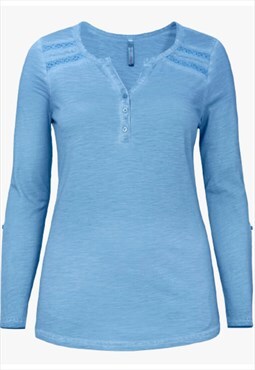 Blue Pure Cotton Oil-Dyed Lace Insert Roll Sleeve Top