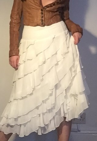 VINTAGE 00S WHITE RUFFLE HIPPY GYSPY MAXI SKIRT