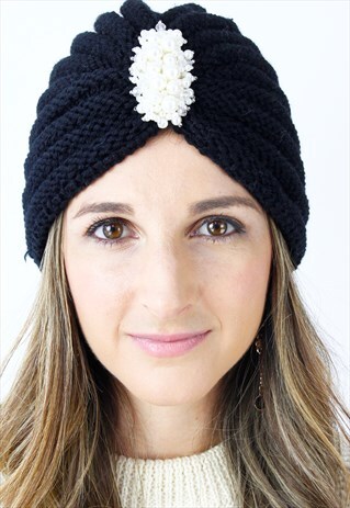 BLACK PEARL BEADED RIBBED KNITTED TURBAN BEANIE HAT