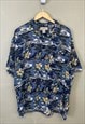 Vintage Hawaiian Shirt Blue With Yellow Flower Patterns