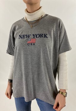 90s Vintage Marl Grey New York Embroidered Souvenir T-Shirt