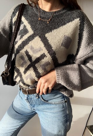 VINTAGE 80S ETHNIC ABSTRACT PATTERN KNIT JUMPER PULLOVER