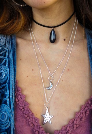 TRIPLE CHOKER NECKLACE SET / STAR, MOON & GOLDSTONE