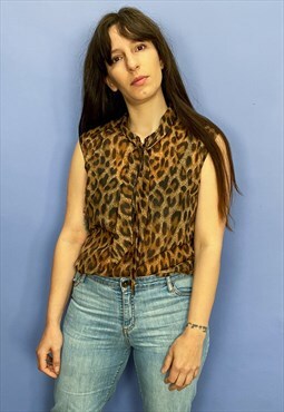 Vintage 80's Leopard Print Pussy Bow Blouse - S/M