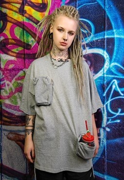 Cargo pocket t-shirt utility tee multi function top in grey