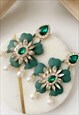 GOLD GREEN DIAMANTE RHINESTONE FLOWER FAUX PEARL EARRINGS