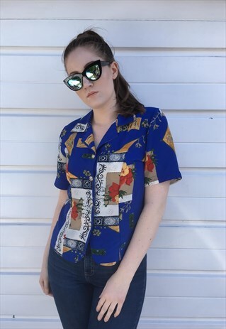 WOMENS VINTAGE 80S BLOUSE BLUE FLORAL SHIRT BUTTON UP TOP
