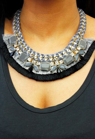 GREY & BLACK FRINGE VELVET CHUNKY STATEMENT NECKLACE