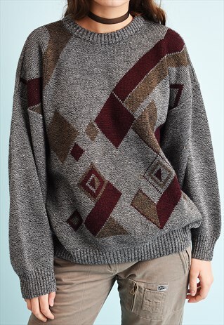 90'S RETRO GEOMETRIC PATTERN OVERSIZED SLOUCHY KNIT JUMPER
