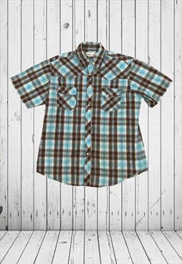 vintage blue checkered short sleeve wrangler shirt 