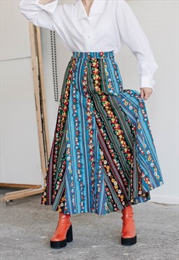 Vintage 70s Boho Multicolor Maxi Floral Pattern Skirt