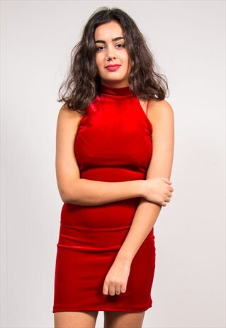 VINTAGE 90'S RED VELVET HIGH CHOKER NECK MINI DRESS