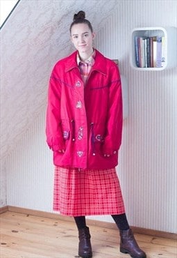 Bright red vintage padded jacket with embroideries