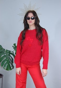 Vintage small pearl mesh knitted Christmas jumper hot red  