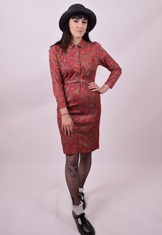 VINTAGE 70'S RED CRAZY PAISLEY PRINT DRESS SIZE 8 TO 10
