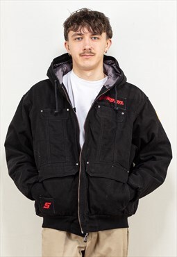 Vintage 90's Men Hooded Work Bomber Jacket in Black