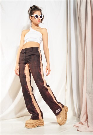 VINTAGE FLARE TROUSERS Y2K REWORK LINEN BLEACH STRIPE PANTS
