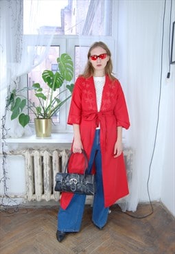 Vintage 80's baggy long light funky robe coat in bright red