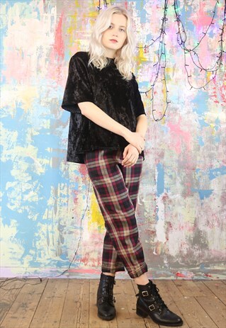 MAROON CHECK PANTS & BLACK VELVET BIG TEE CO-ORDINATES