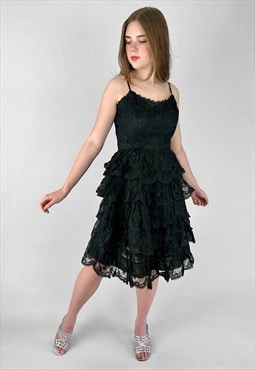 60's Vintage Black Lace Slip Tiered Evening Cocktail Dress