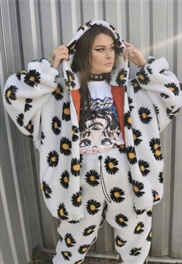 Daisy print fleece jacket handmade sunflower bomber in white