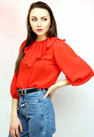 1990S VINTAGE RED SEMI SHEER RUFFLE BLOUSE