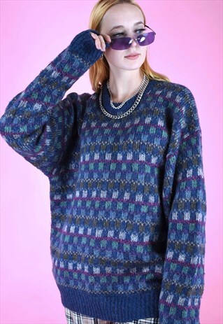 VINTAGE 90S KNIT JUMPER GEOMETRIC PATTERN BLUE GREEN