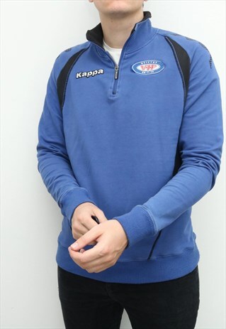 KAPPA - BLUE AND BLACK EMBROIDERED QUARTER ZIP SWEATSHIRT -