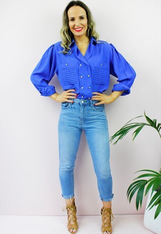 VINTAGE 80'S RETRO BLUE GOLD BUTTON COLLAR SHIRT BLOUSE TOP
