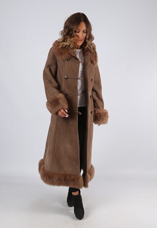 SHEEPSKIN SUEDE LEATHER SHEARLING COAT UK 10 SMALL (K95Q)