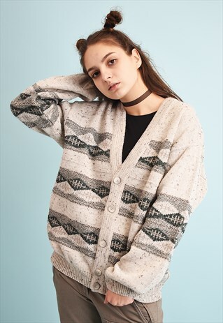 90'S RETRO NEUTRAL OVERSIZED JAZZY GRANDADS KNIT CARDIGAN