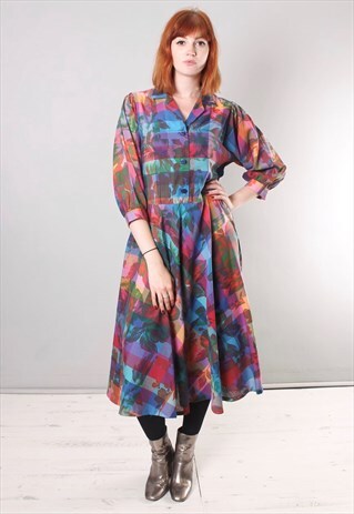 VINTAGE 70S FLORAL CHECK WESTERN STYLE MIDI DRESS