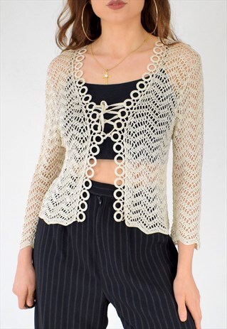 VINTAGE 90S DOES 70S SLINKY CROCHET KNITTED TIE CARDIGAN TOP